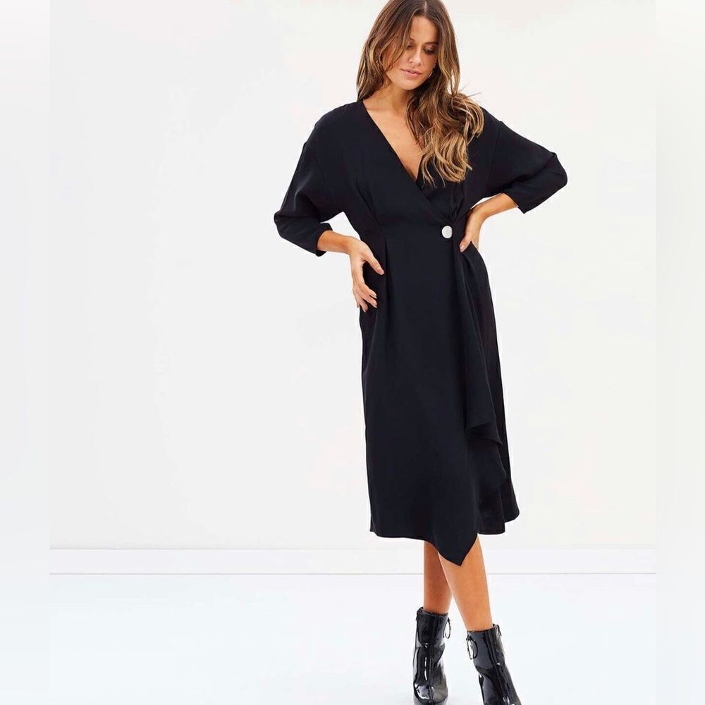 Mango Kimono Wrap Black V-Neck 3/4 Sleeve Single Button Midi Dress XS